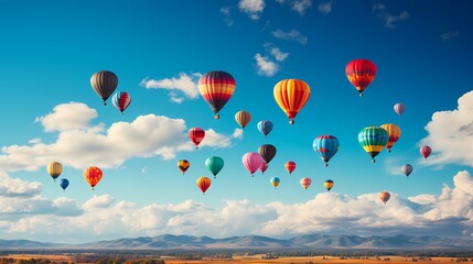 A row of colorful hot air balloons floating in a cloudless sky