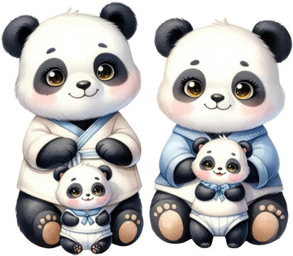 watercolor animal family panda family father mother baby png