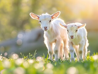 Naklejka premium Generative AI : Ten days old cute white baby goats on spring meadow during sunny easter holidays.