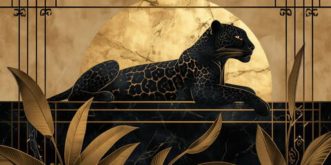 Art Deco Black and Gold Leopard - obrazy, fototapety, plakaty