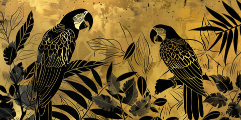 Art Deco Black and Gold Parrots - obrazy, fototapety, plakaty