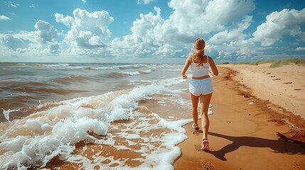 Generative AI : Woman wearing sports clothes jogging along the beach - obrazy, fototapety, plakaty