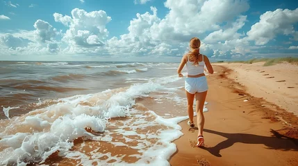 Foto op Plexiglas Generative AI : Woman wearing sports clothes jogging along the beach © The Little Hut