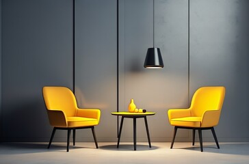 room with two yellow chairs and a table with a vase of fruit on it. The room is well lit and has a modern feel