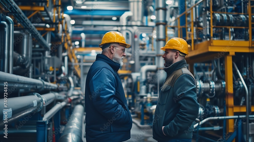 Poster generative ai : engineer consulting with foreman in modern industrial factory