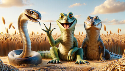 close-up of a group of 3d, cute animals looking straight at the camera with smiling expressions....