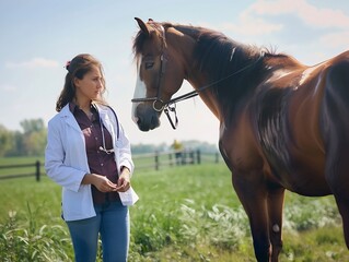 Generative AI : Female vet and woman looking at horse while standing on field during sunny day