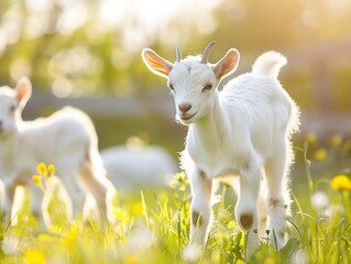 Obraz premium Generative AI : Ten days old cute white baby goats on spring meadow during sunny easter holidays.