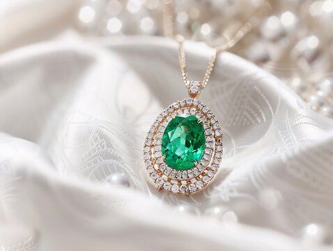 Generative AI : emerald jewelry with diamonds in gold necklace