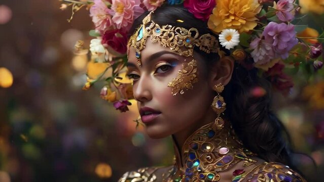 aesthetically beautiful girl in tradition dress and makeup wearing floral crown on her head portrait of a woman in a carnival mask, a dancer, attractive model photoshoot generative AI