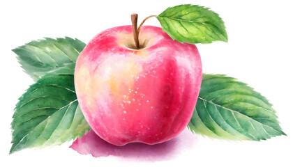 Red apple with leaves watercolor illustration isolated on white transparent background