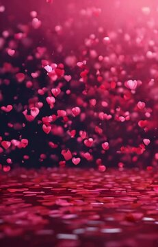 red hearts falling from above in slow motion, room full of small cute romantic hearts, rose petals background generative AI, valentine's day, love