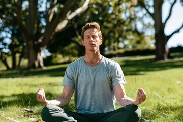 Caucasian man practicing meditation in a park