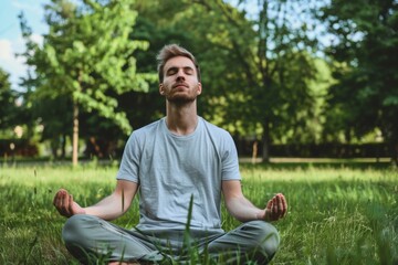 Naklejka na ściany i meble Caucasian man practicing meditation in a park