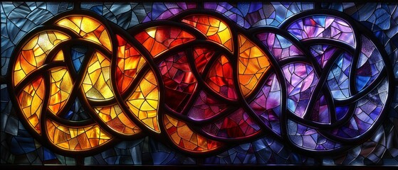 Simple Celtic knot symbol in stained glass style with bright yellow, purple, and dark orange colors