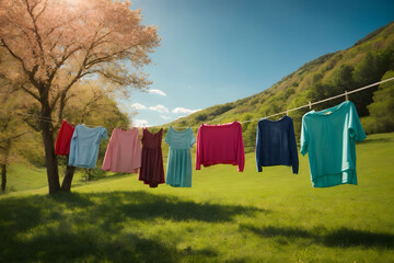A landscape of a cloth line with a green hills background