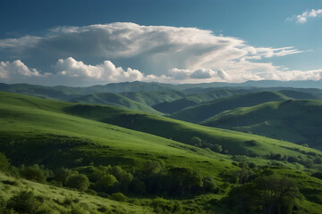 A landscape of green hills with beautiful white clouds