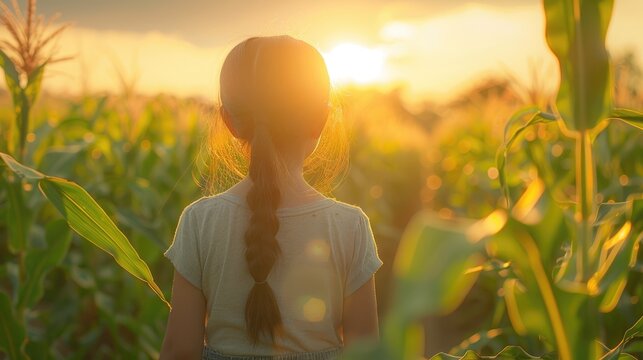 A lovely young Asian girl strolling across a corn field. Generative Ai.