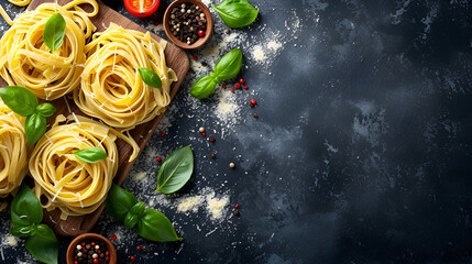 Different types of pasta with spices on a wooden board with green basil on a beautiful dark background with space. generative ai 