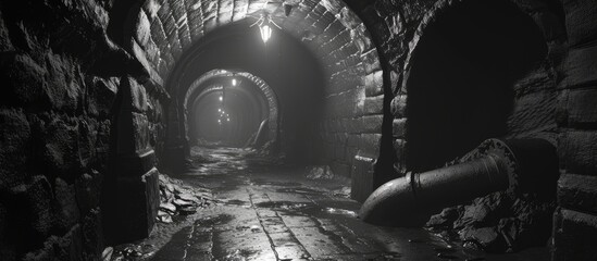 A gloomy and eerie tunnel in a subterranean facility with a distant light illuminating the end of...