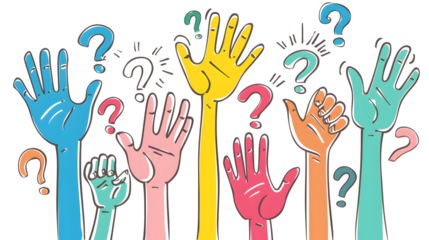 A lot of hands are raised ? up smeared in multicolored, colored paints on a white transparent background. People's hands are raised in the air. Without faces.