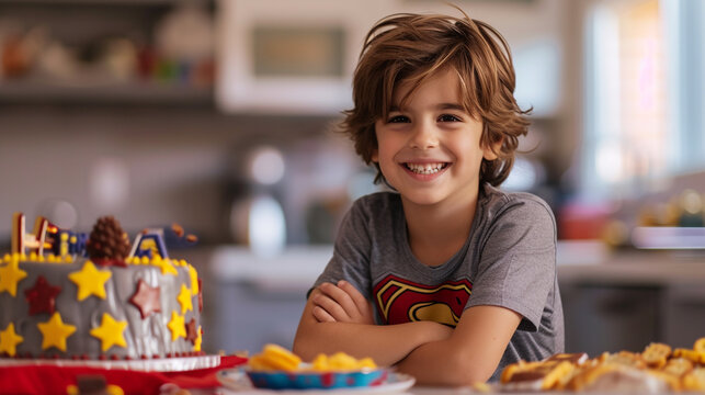 A little child, sitting at a table with a birthday cake fashioned like his preferred superhero, is beaming broadly and posing for pictures