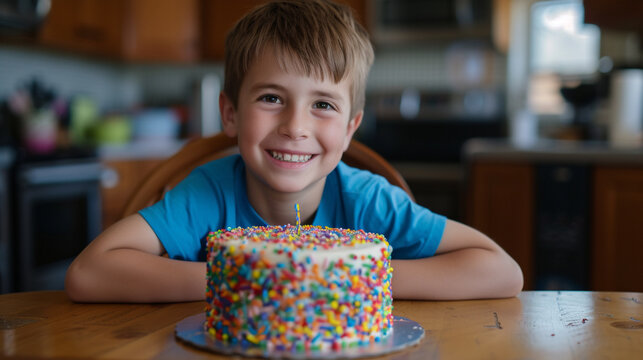 A small child is seated at a table with a birthday cake adorned with vibrant sprinkles. He is grinning and eagerly posing for the camera
