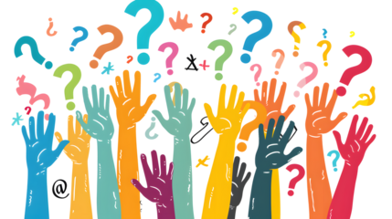 A lot of hands are raised ? up smeared in multicolored, colored paints on a white transparent background. People's hands are raised in the air. Without faces.