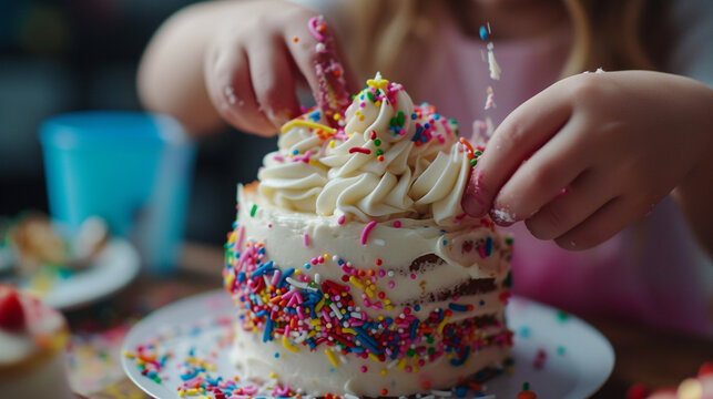 An image of the birthday girl's hands showing her meticulously using frosting and sprinkles to decorate her own birthday cake