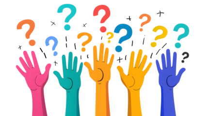 A lot of hands are raised ? up smeared in multicolored, colored paints on a white transparent background. People's hands are raised in the air. Without faces.