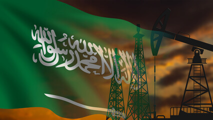 The of Saudi Arabia flag waving, with the silhouettes of oil and gas drilling rigs on the right