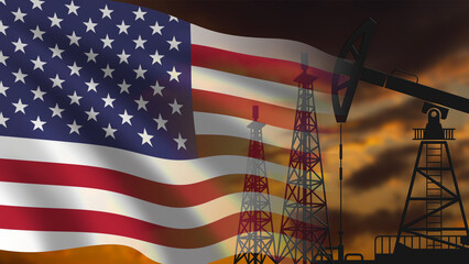 The of USA flag waving, with the silhouettes of oil and gas drilling rigs on the right