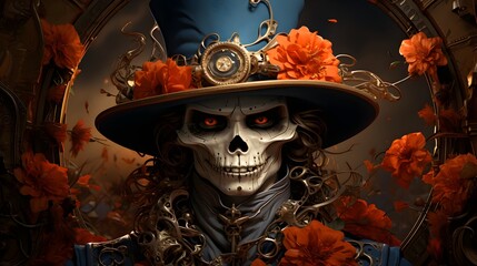 mad hatter skeleton clown with reaper usa shield in an anime of the old west - obrazy, fototapety, plakaty