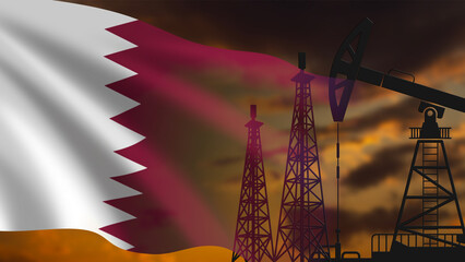 The Qatari flag waving, with the silhouettes of oil and gas drilling rigs on the right