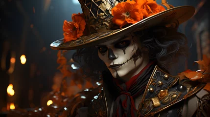 Fotobehang mad hatter skeleton clown with reaper usa shield in an anime of the old west © VisualVanguard