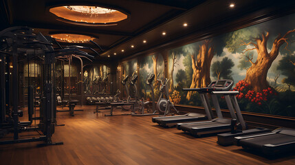 A gym with a mystical theme, incorporating elements of mythology and folklore in the decor. - obrazy, fototapety, plakaty