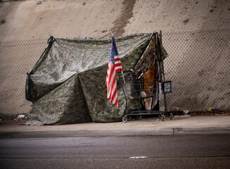An American flag at a homeless tent made of camouflage tarp at a road underpass