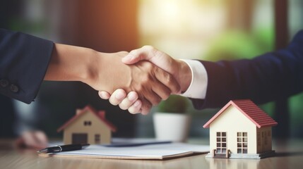 lease, rental and selling home. Dealership manager handshake customer to the new homeowner. rent house, Sales, loan credit financial, insurance, Seller, deale - obrazy, fototapety, plakaty
