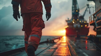 A worker on an offshore oil rig strolling. Generative Ai. - obrazy, fototapety, plakaty