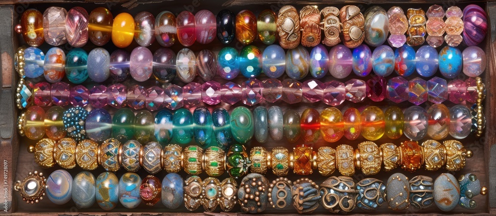 Poster a box filled with a variety of differently colored beads, creating a vibrant and colorful display. e