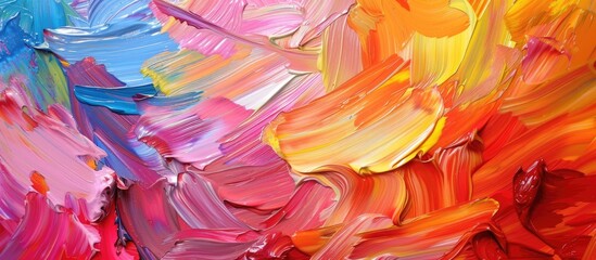 A close-up view of a painting featuring bold and colorful swirls of oil paint on a blank canvas....