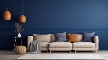 Elegant Living Room with Beige Couch, Blue Walls and Modern Decor - obrazy, fototapety, plakaty