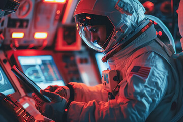Astronaut Operating Spacecraft Controls with Digital Tablet in Space Shuttle Cockpit - obrazy, fototapety, plakaty