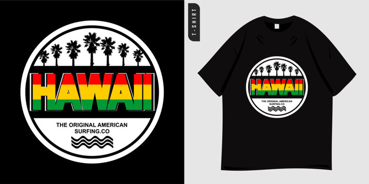 Summer Hawaiian graphic t-shirt design. Palm tree silhouette symbol and beach waves for surfing and vacation. Ready to print for clothing, tees, posters, typography. Vector illustration