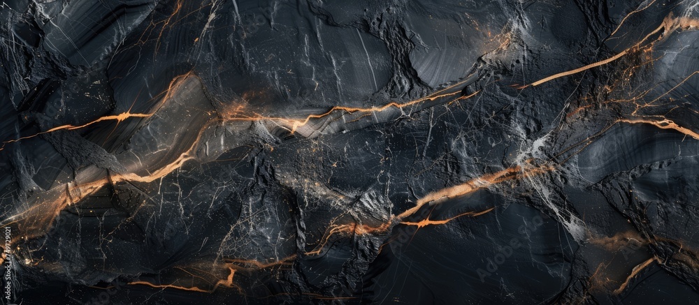 Poster close-up view of a striking black and gold marble texture, showcasing intricate patterns and contras