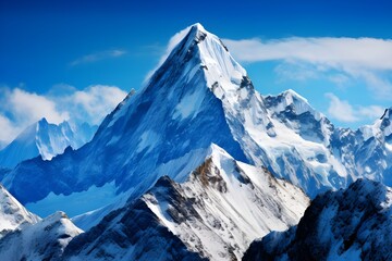 Majestic Mountains: Towering snow-capped peaks against a clear blue sky, showcasing the grandeur and majesty of nature.

