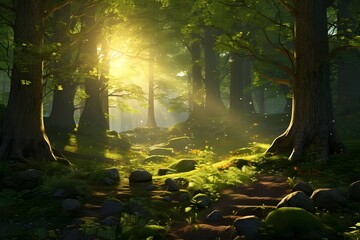 Whimsical Woodlands: Enchanting forest scene with sunlight streaming through the trees, casting a magical glow on the woodland floor.

