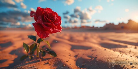 A red rose in the brown sand desert