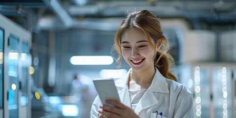 Factory woman worker standing in front Employee Attendance System, using a smartphone, looking at a smartphone, smiling happy