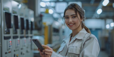 Fototapeta premium Factory woman worker standing in front Employee Attendance System, using a smartphone, looking at a smartphone, smiling happy